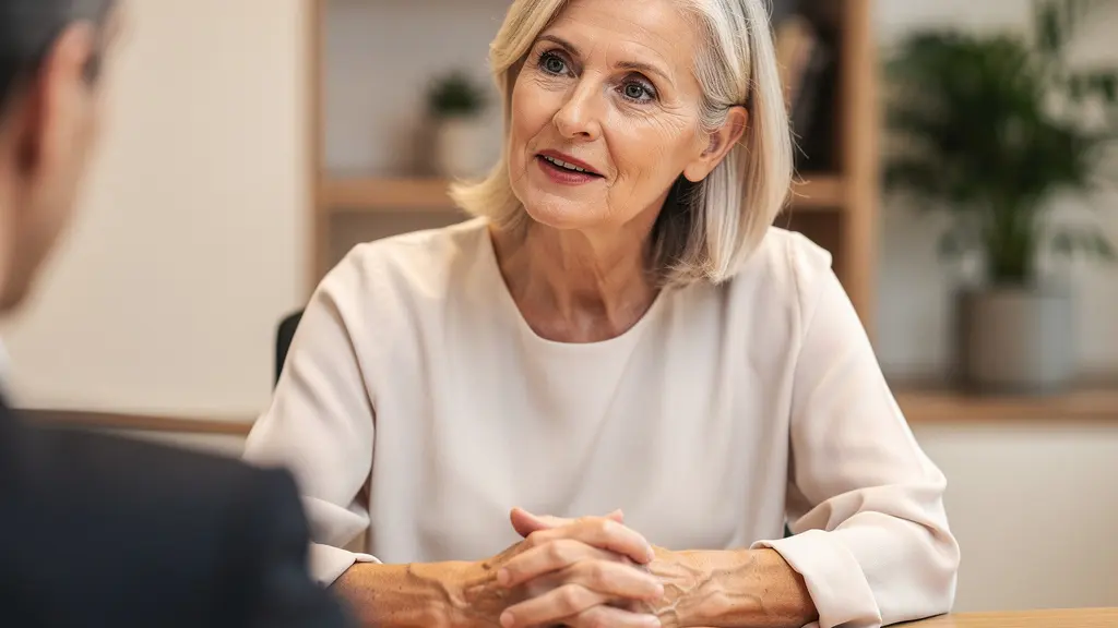 Femme retraitée consultant un conseiller patrimonial, assurance-vie protection conjoint