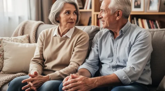 Couple de retraités français discutant sereinement dans leur salon, protection conjoint