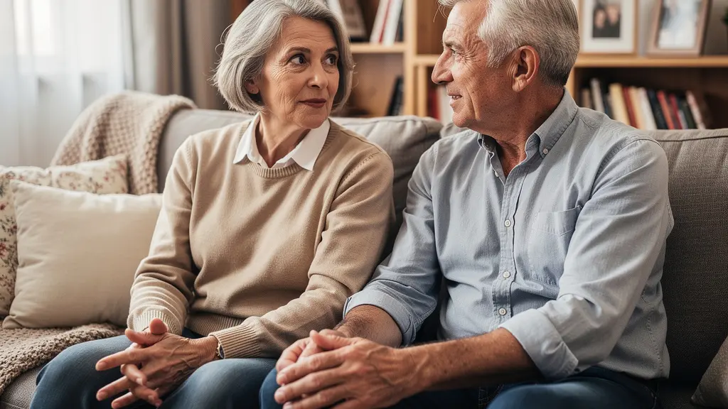 Couple de retraités français discutant sereinement dans leur salon, protection conjoint