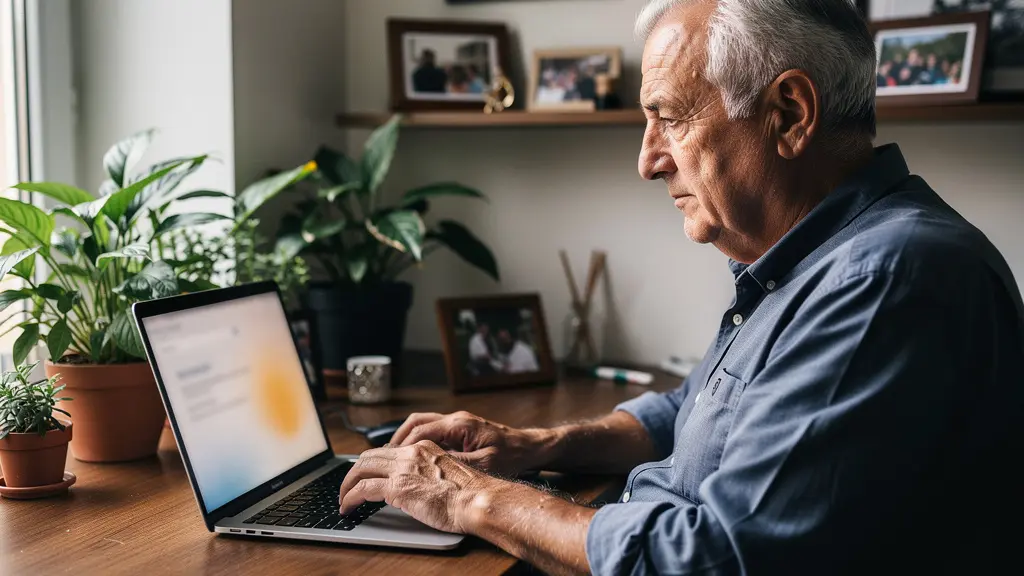 Retraité effectuant une démarche administrative en ligne, simulation pension de réversion