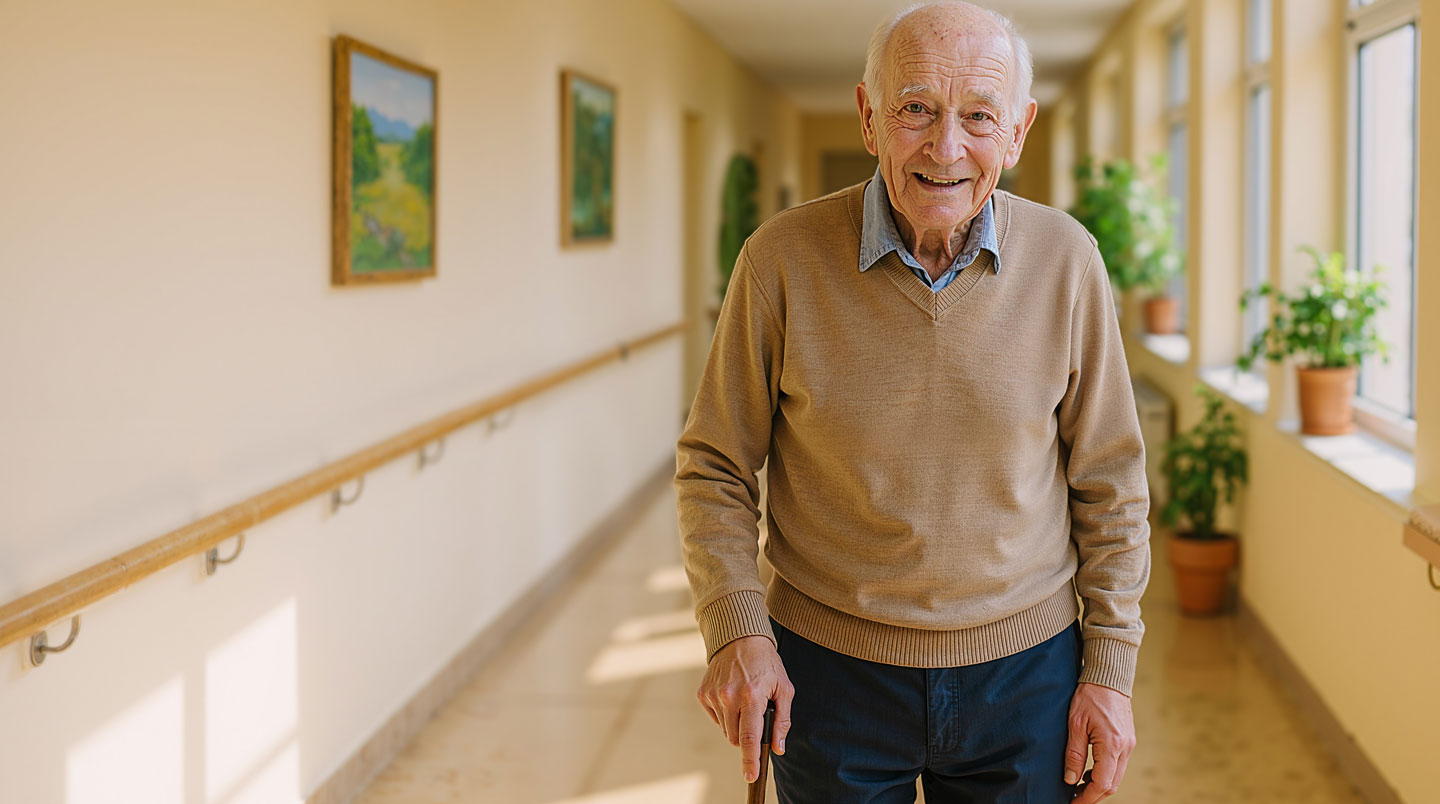 Senior autonome marchant dans le couloir lumineux d'une résidence services