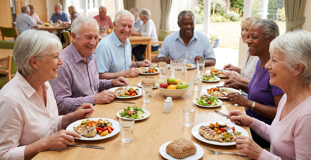 Repas convivial entre seniors dans une salle à manger de résidence