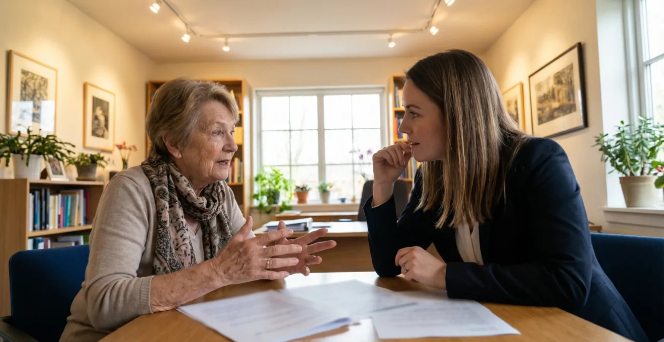Senior discutant avec un conseiller dans un bureau accueillant