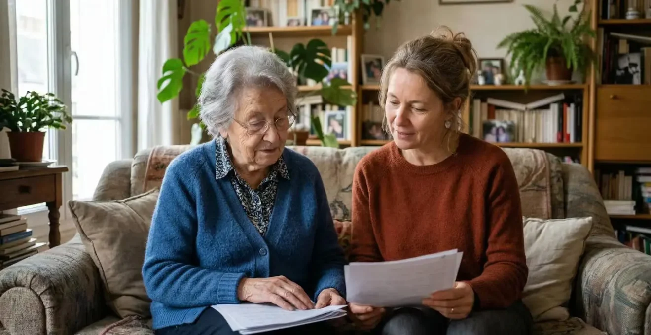 Mère âgée et sa fille discutant ensemble dans un salon chaleureux à propos des solutions d'hébergement
