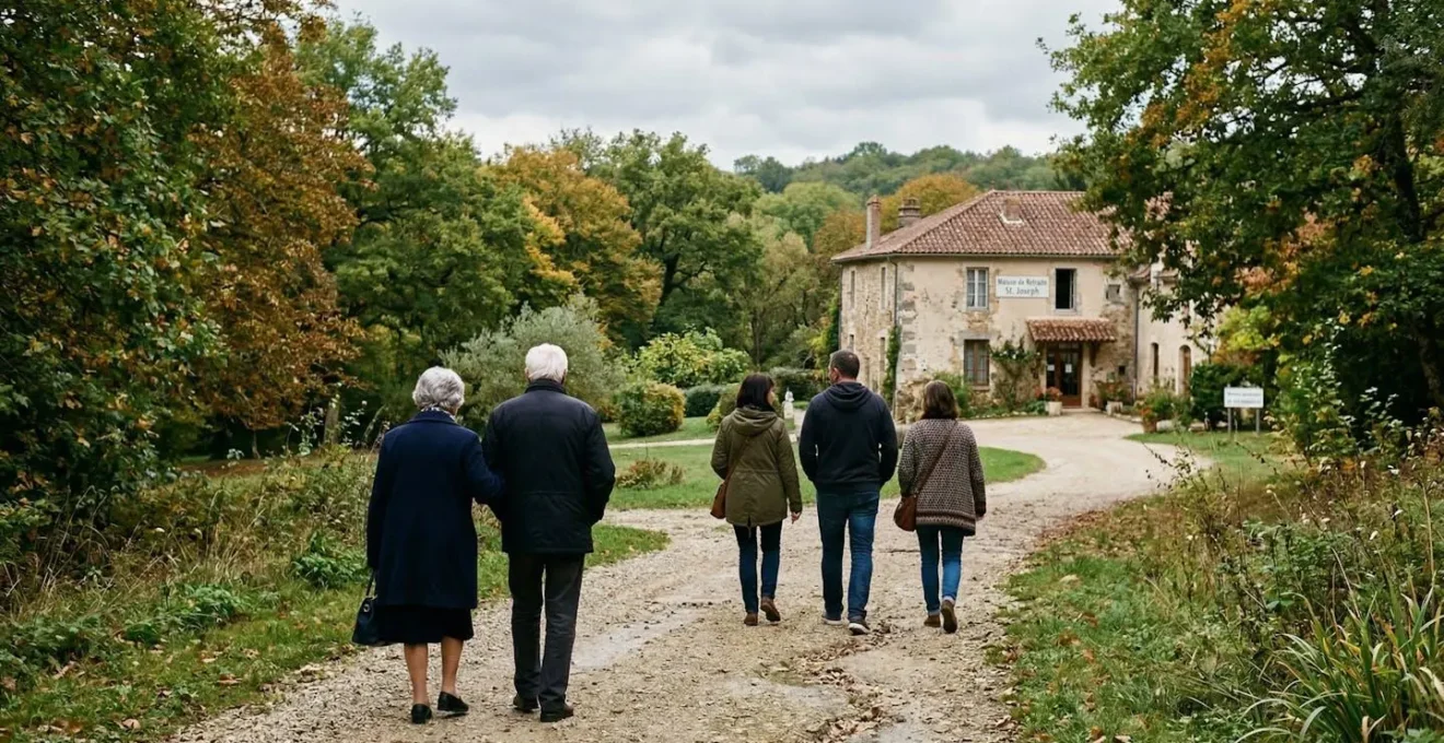 Une famille de deux générations marchant de dos dans l'allée gravillonnée d'un établissement rural visible en arrière-plan, parc arboré autour