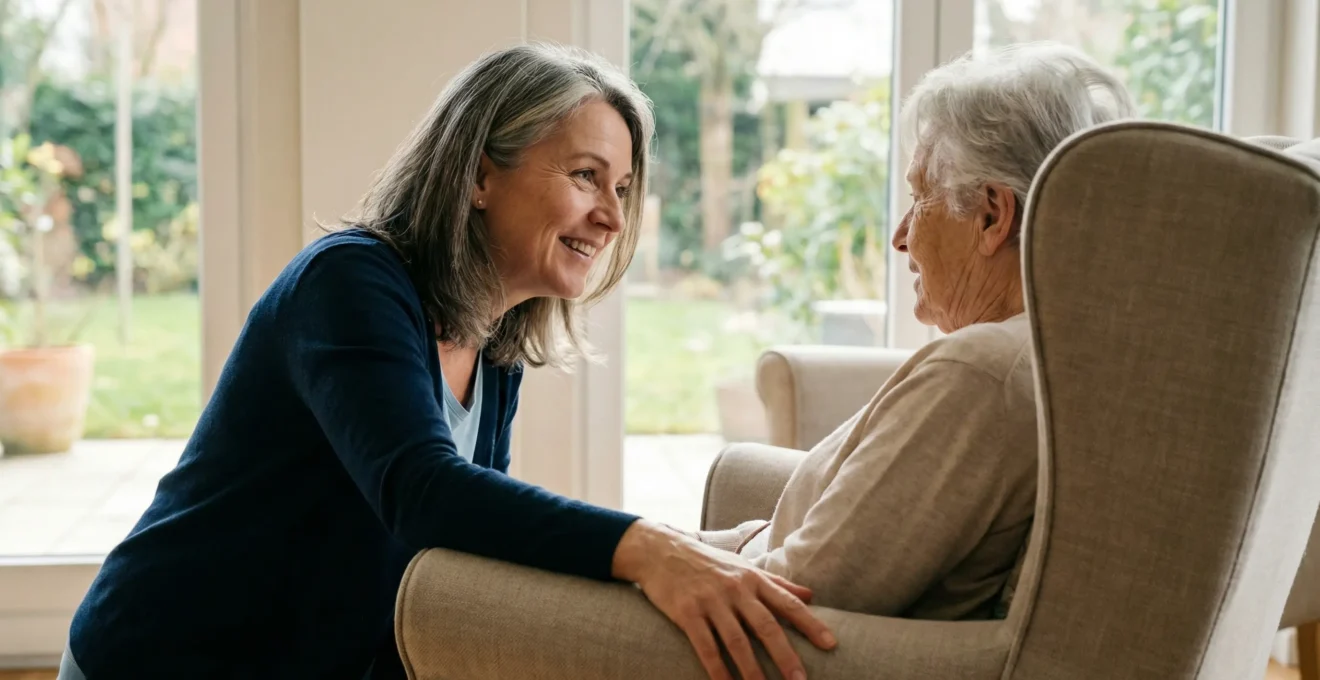 Famille en visite dans un espace commun lumineux de résidence pour seniors