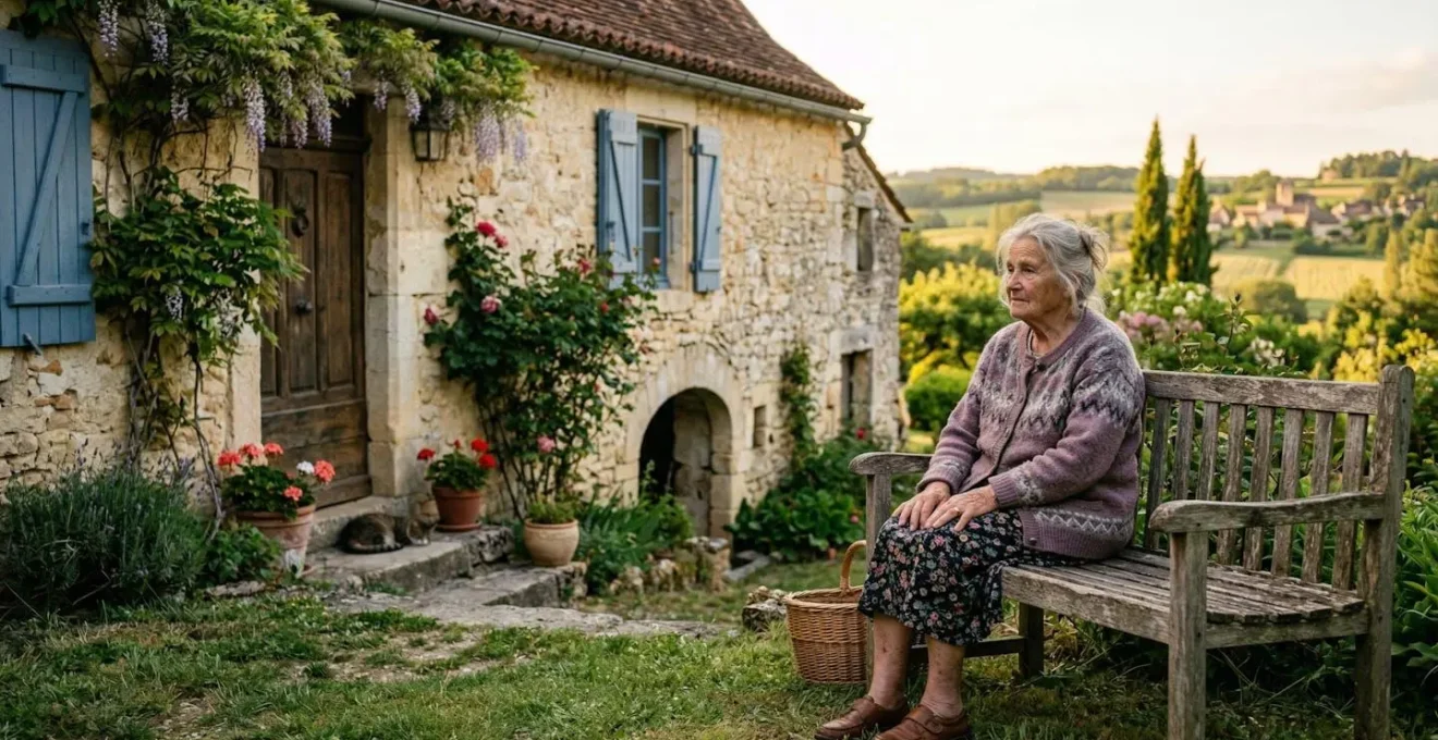 Une personne âgée assise sur un banc dans un jardin fleuri devant une bâtisse en pierre typique de la campagne française, lumière naturelle de fin d'après-midi