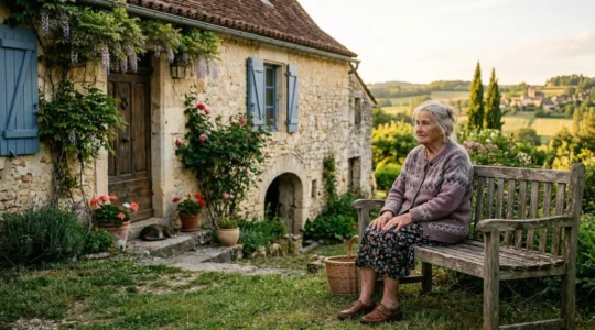 Une personne âgée assise sur un banc dans un jardin fleuri devant une bâtisse en pierre typique de la campagne française, lumière naturelle de fin d'après-midi