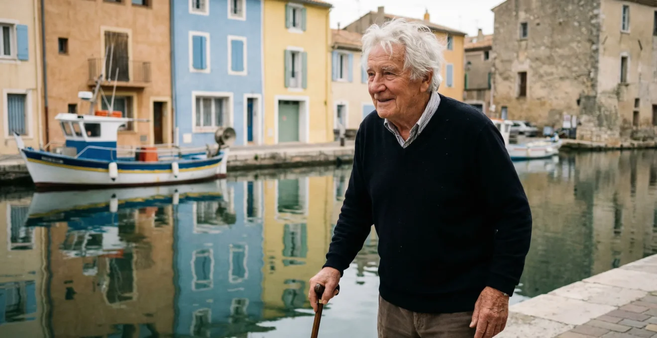 Senior se promenant le long des canaux colorés de Martigues, ambiance méditerranéenne
