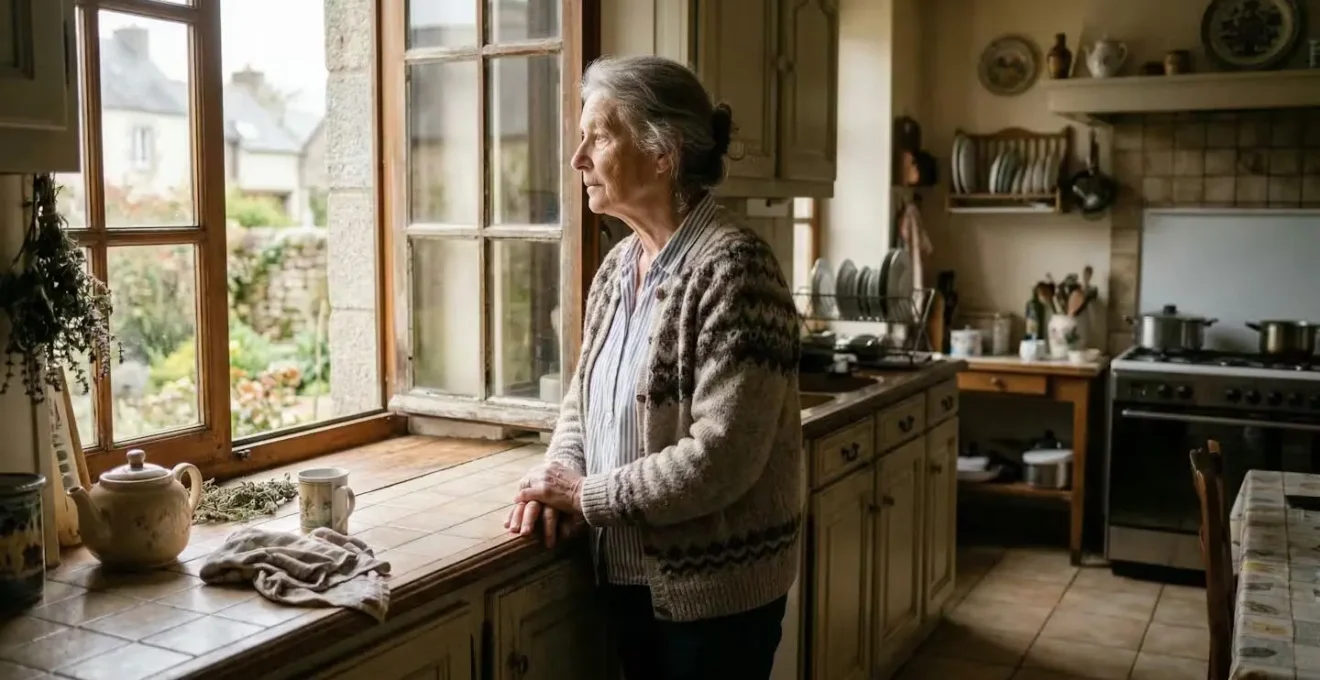 Personne âgée seule dans sa cuisine illustrant les risques du maintien à domicile