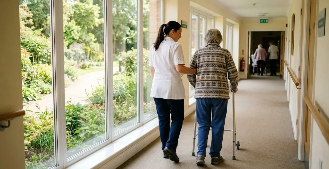 Une soignante en blouse aide discrètement un résident âgé à marcher dans un couloir lumineux avec vue sur un jardin verdoyant, photographiés de trois-quarts arrière