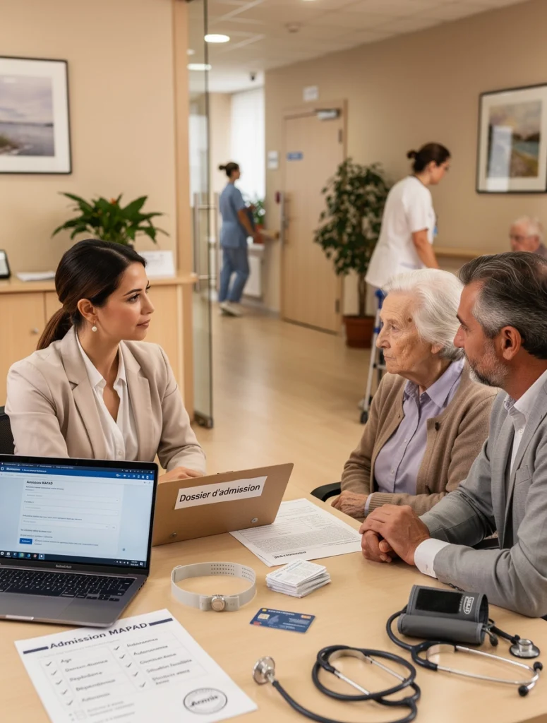 Un homme et une dame discutent avec une dame pour faire un dossier d'admission dans un MAPAD