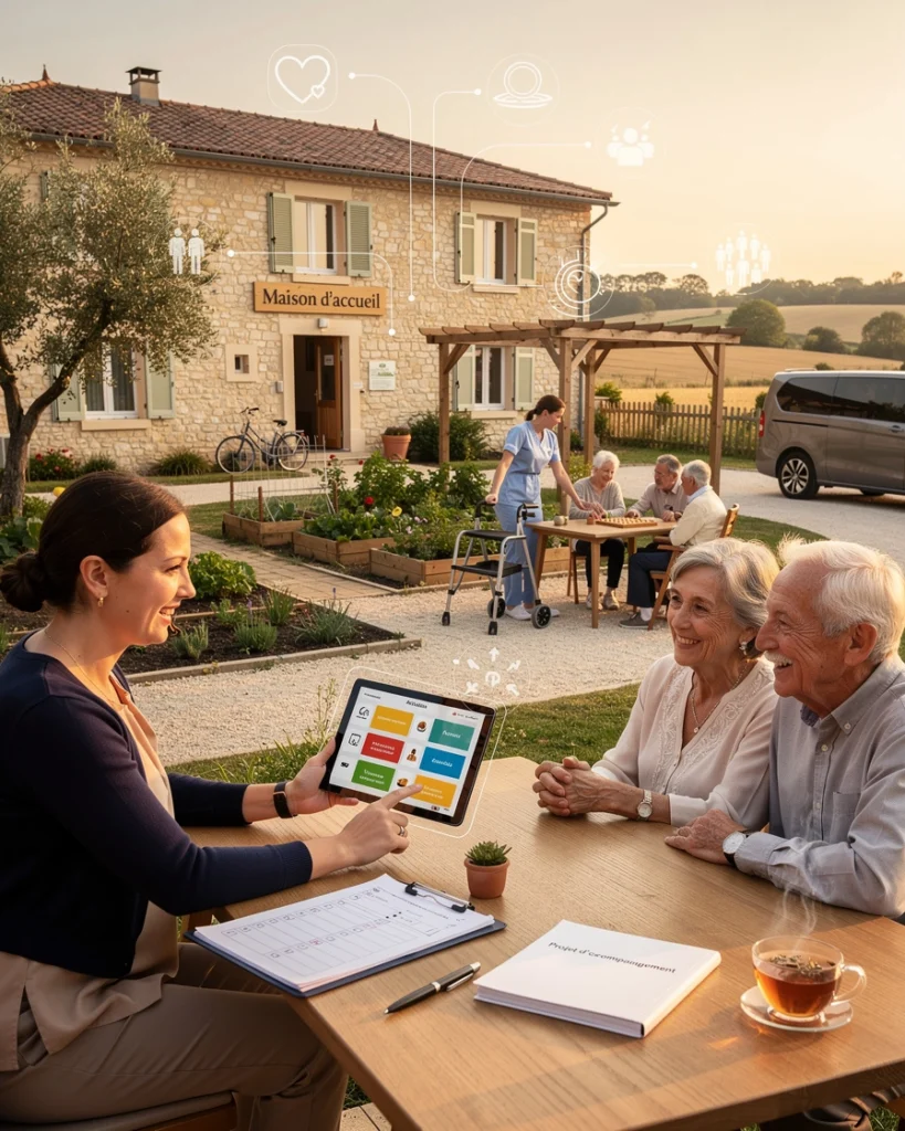 une dame discute avec un couple âgé à propos des solutions de résidences pour séniors