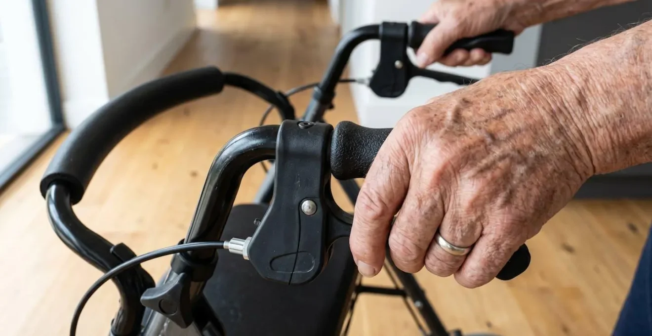 Gros plan sur des mains âgées tenant fermement les poignées d'un déambulateur sur un sol moderne