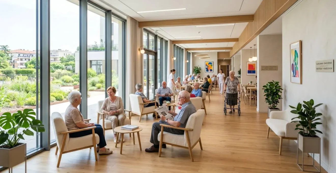 Vue en grand angle d'un salon commun d'EHPAD contemporain avec fauteuils confortables, larges baies vitrées et lumière naturelle abondante