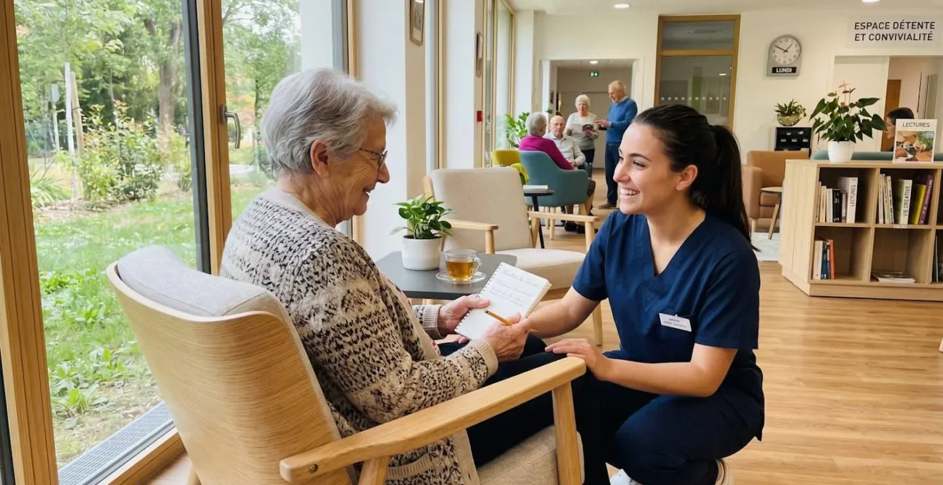 Une aide-soignante échange avec une personne âgée assise dans un fauteuil près d'une fenêtre lumineuse d'un EHPAD moderne