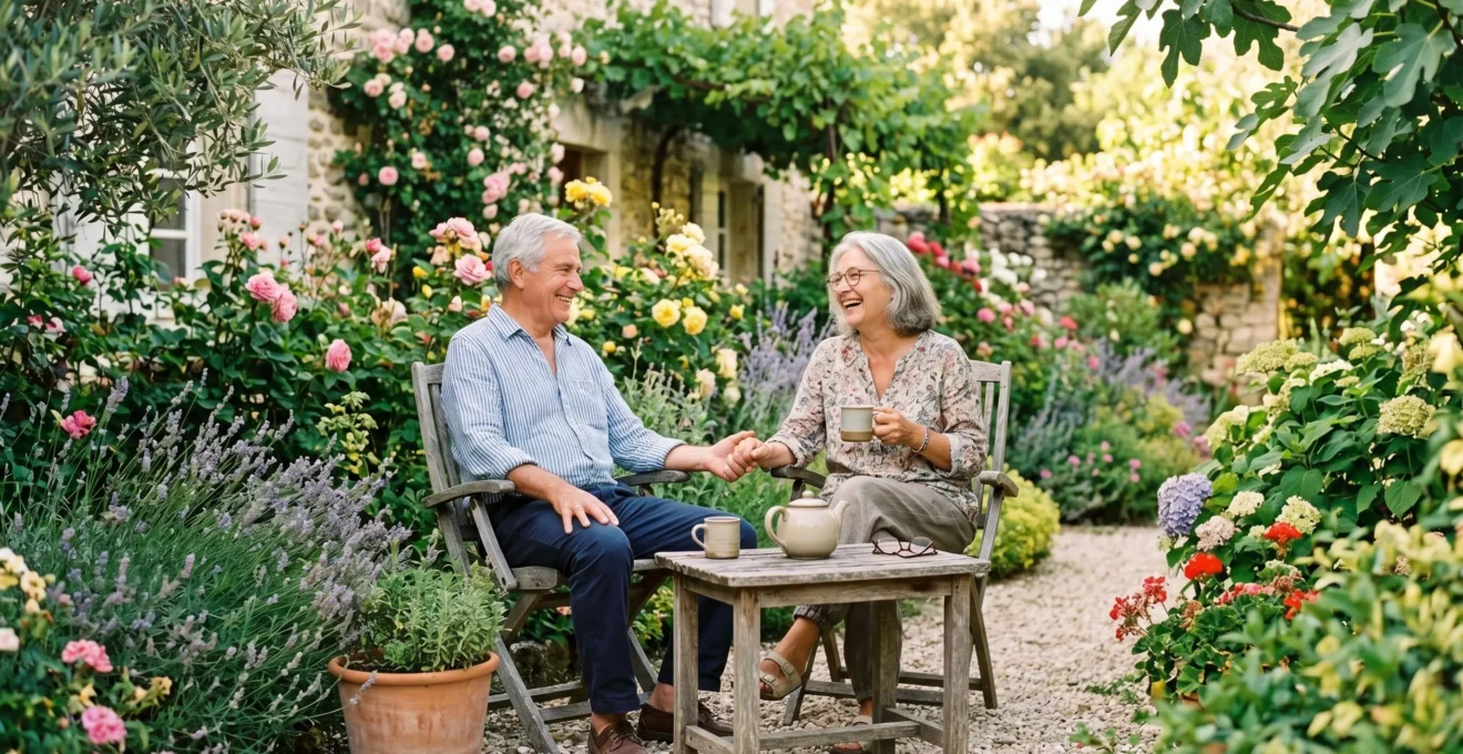 Couple de seniors dans leur jardin, sereins et autonomes à domicile