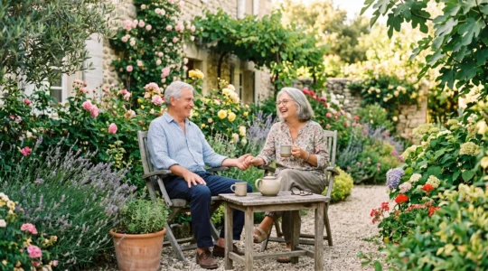 Couple de seniors dans leur jardin, sereins et autonomes à domicile