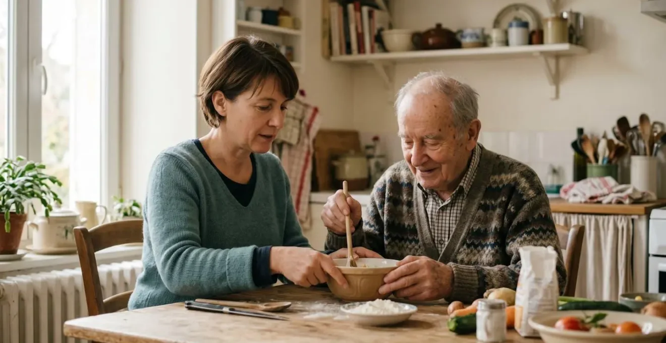 Auxiliaire de vie et senior échangeant à une table de cuisine lumineuse dans un intérieur chaleureux et épuré