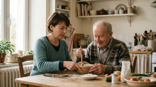 Auxiliaire de vie et senior échangeant à une table de cuisine lumineuse dans un intérieur chaleureux et épuré