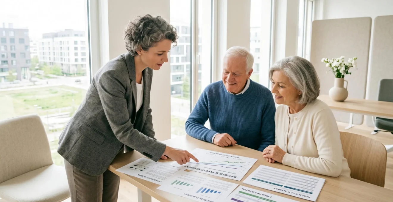 Conseiller financier présentant les options PER et assurance vie à un couple de seniors