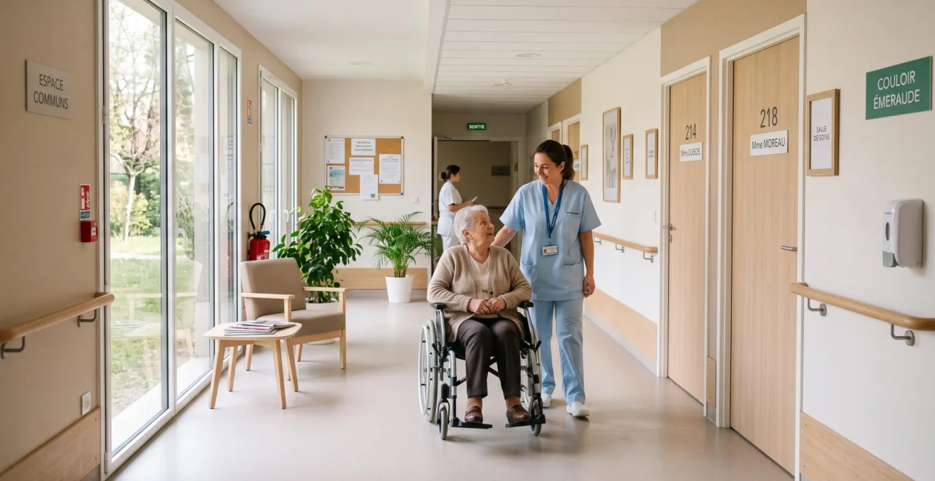Couloir lumineux d'un EHPAD moderne montrant une résidente âgée en fauteuil roulant accompagnée par une aide-soignante en blouse claire, avec des chambres personnalisées de part et d'autre, des murs clairs, une main courante de sécurité et une lumière naturelle abondante