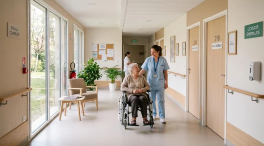 Couloir lumineux d'un EHPAD moderne montrant une résidente âgée en fauteuil roulant accompagnée par une aide-soignante en blouse claire, avec des chambres personnalisées de part et d'autre, des murs clairs, une main courante de sécurité et une lumière naturelle abondante