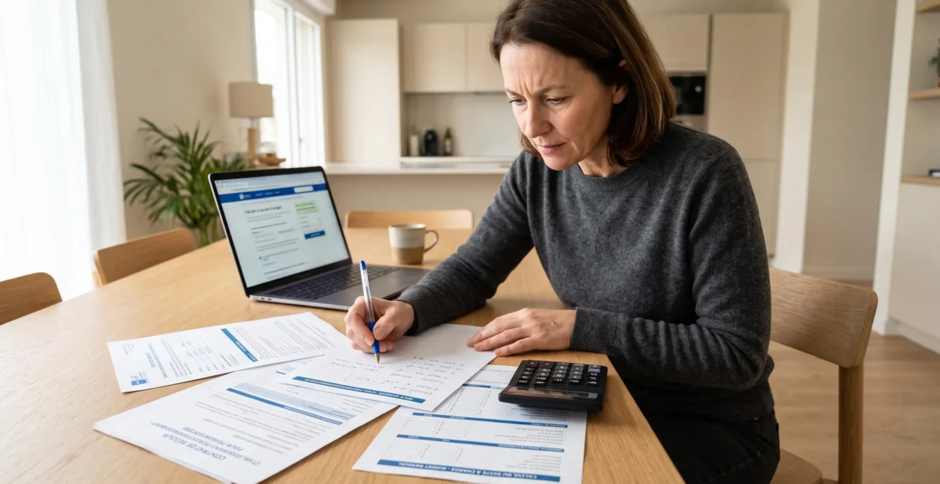 Femme d'environ cinquante ans concentrée, assise à une table domestique, consultant des documents administratifs EHPAD avec une calculatrice à portée de main dans un environnement moderne éclairé par la lumière naturelle latérale