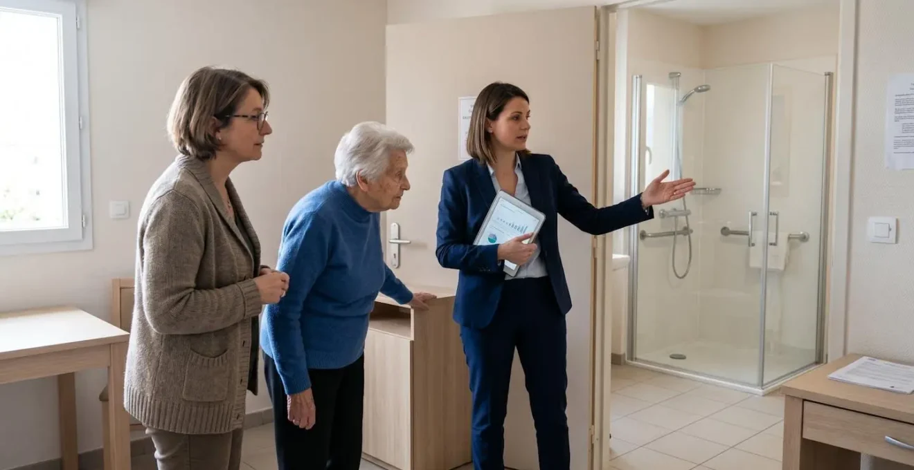Fille adulte et sa mère senior visitant une chambre de résidence avec une conseillère professionnelle tenant une tablette, examinant l'aménagement et la salle de bain adaptée visible par la porte ouverte
