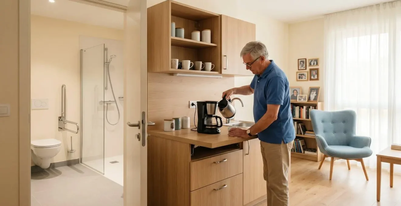 Homme senior préparant du café dans la kitchenette adaptée de son studio en résidence autonomie, salle de bain avec barres d'appui et douche italienne visible en arrière-plan, espace personnalisé avec photos de famille
