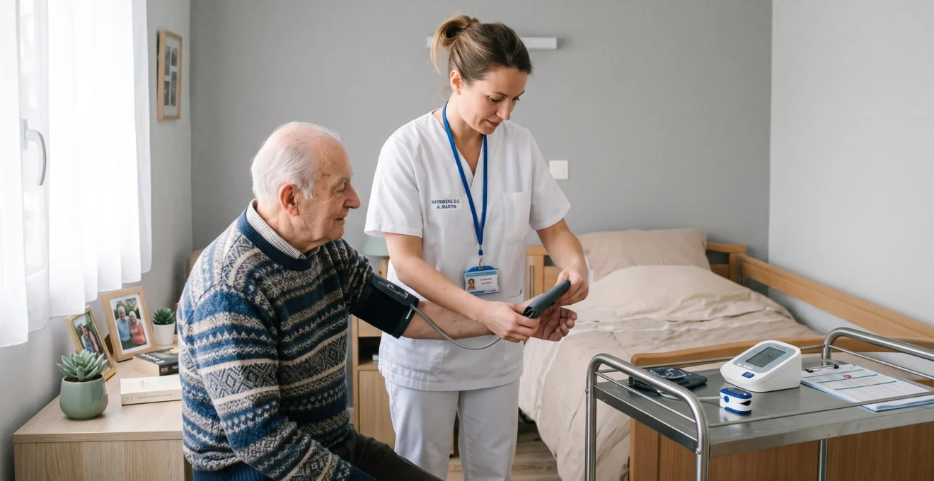 Infirmière en blouse blanche prenant les constantes d'un résident âgé assis sur son lit dans une chambre EHPAD personnalisée, avec du matériel médical sur un chariot de soins et une lumière naturelle douce