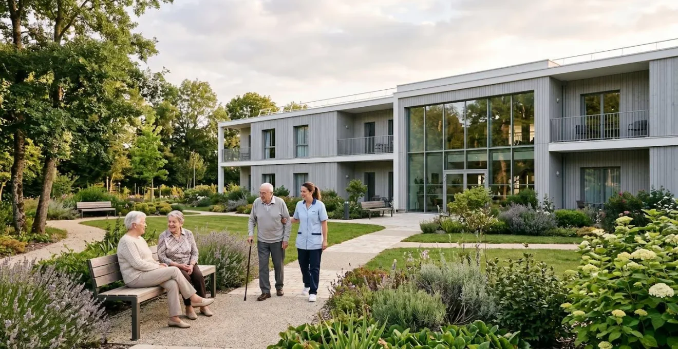 Jardin paysagé d'un EHPAD contemporain avec résidents et personnel dans un environnement architectural lumineux