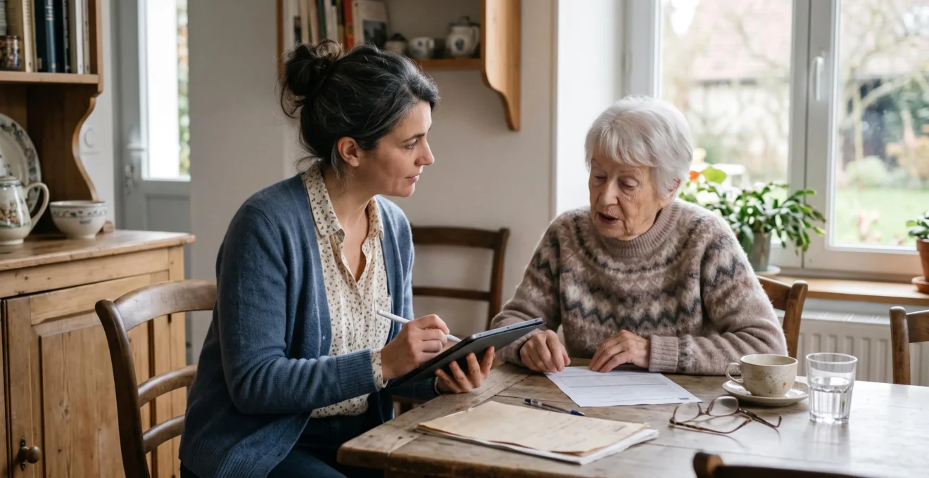 Professionnelle médico-sociale assise à une table avec une personne âgée, remplissant une grille d'évaluation sur tablette numérique dans un environnement domestique chaleureux éclairé par la lumière naturelle d'une fenêtre