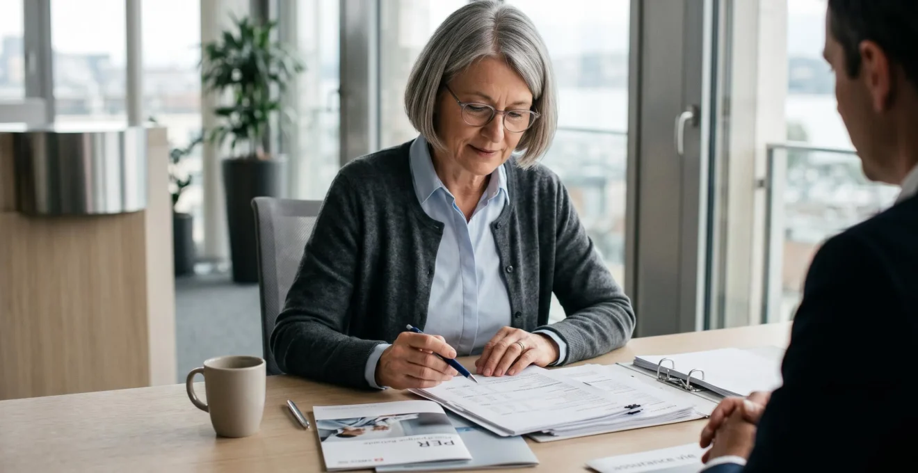 Senior consultant des documents financiers PER et assurance vie sur un bureau de conseiller