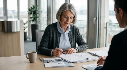 Senior consultant des documents financiers PER et assurance vie sur un bureau de conseiller