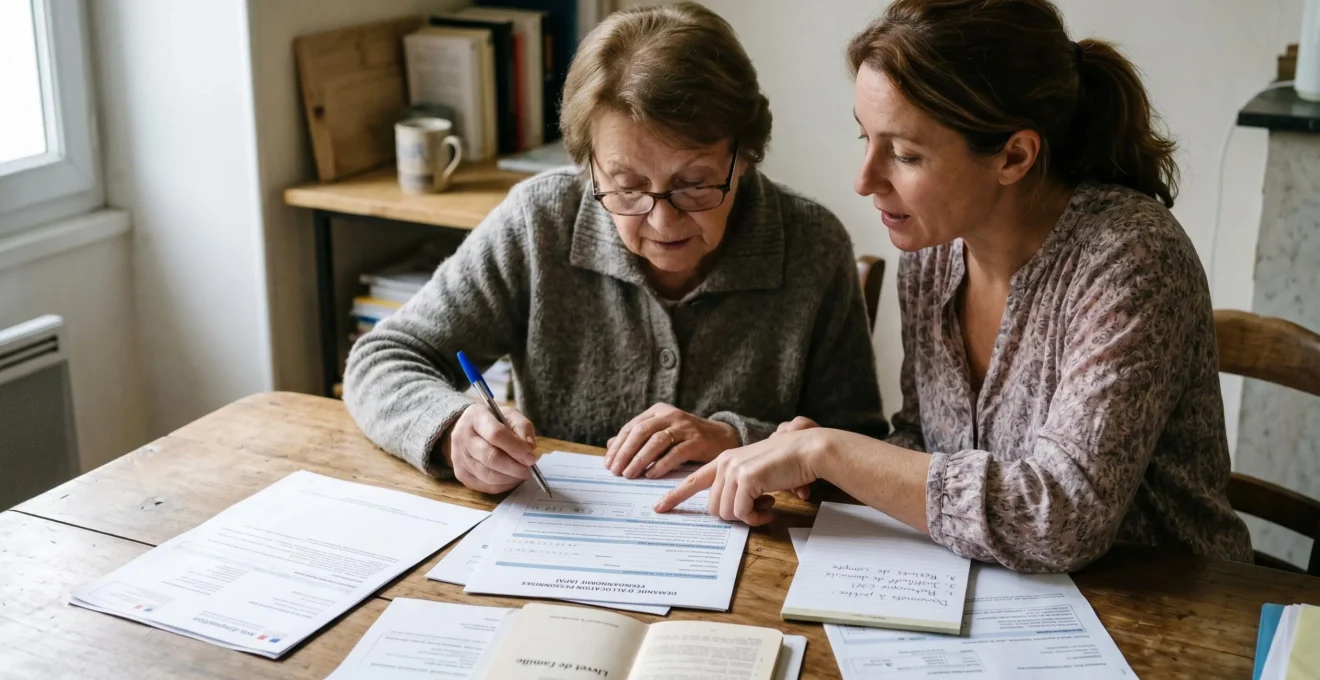 Senior complétant un dossier administratif APA à domicile avec documents et formulaires en français