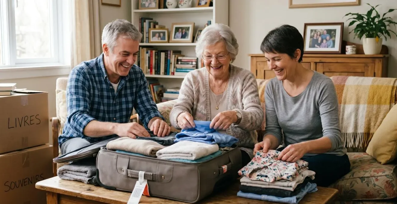 Senior et sa famille préparant ensemble une valise pour l'entrée en maison de retraite