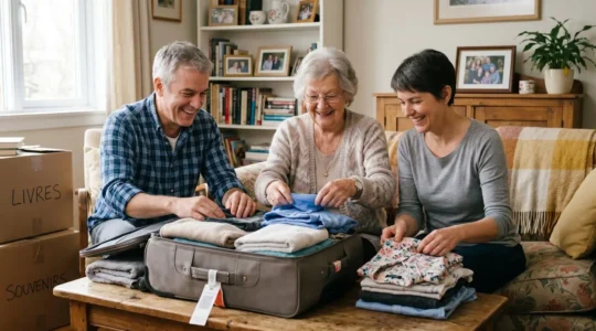Senior et sa famille préparant ensemble une valise pour l'entrée en maison de retraite
