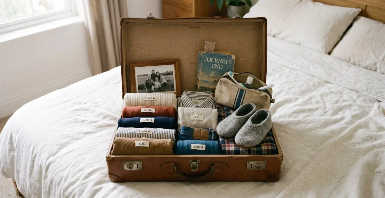 Valise ouverte contenant vêtements étiquetés et objets personnels pour senior